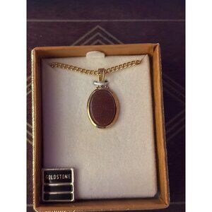 Vintage Goldstone Oval Pendant Necklace With Gold-Tone Chain In Gift Box